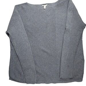 Eileen Fisher Grey Ribbed Knit Boat Neck Silk Cotton Blend Sweater Large